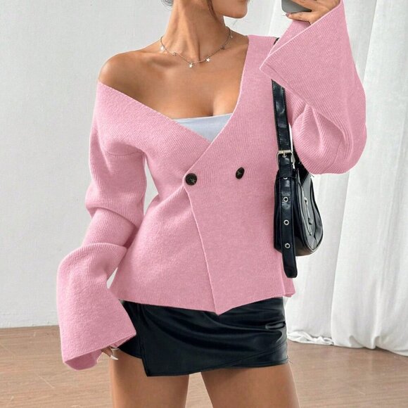 Sweaters - Pink Casual Women's Waist-button Cinched knit Cardigan
